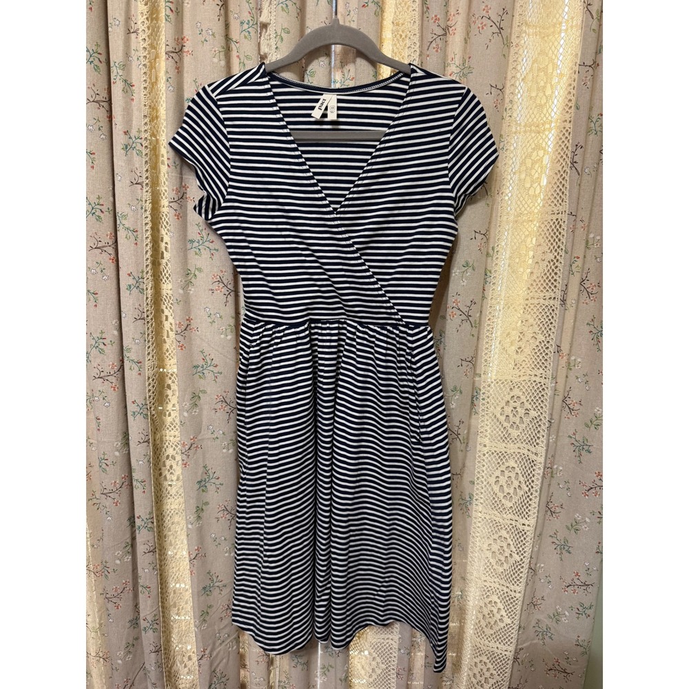 Pact Fit Flare Crossover Dress XS Navy Stripe Organic Cotton Pockets